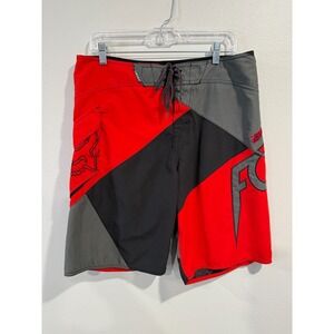 Fox Board Shorts Mens 34 Red Black Graphic Swim Trunks Drawstring Moto BMX MX